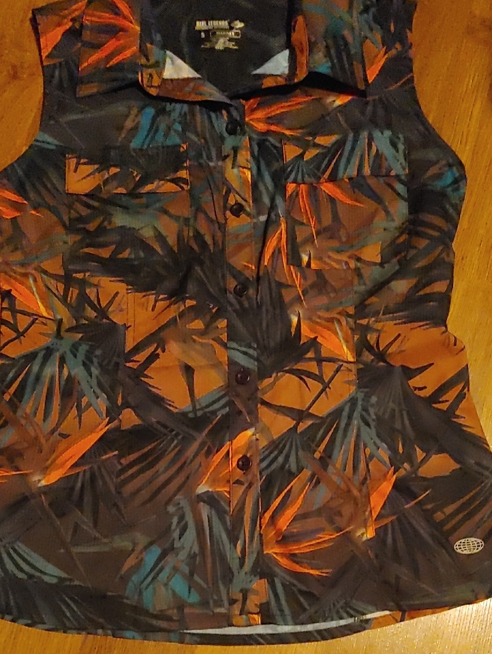 Reel Legends Mariner Leaf Camp Shirt - Orange & Teal Sz SM